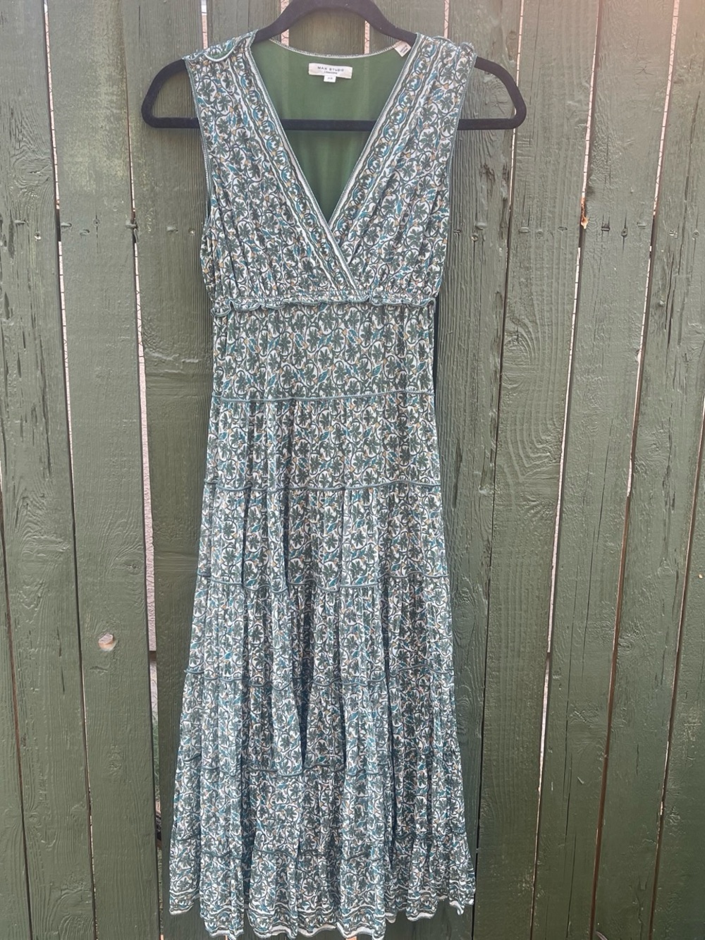 Max Studio Teal and White Floral V-Neck Maxi Dress